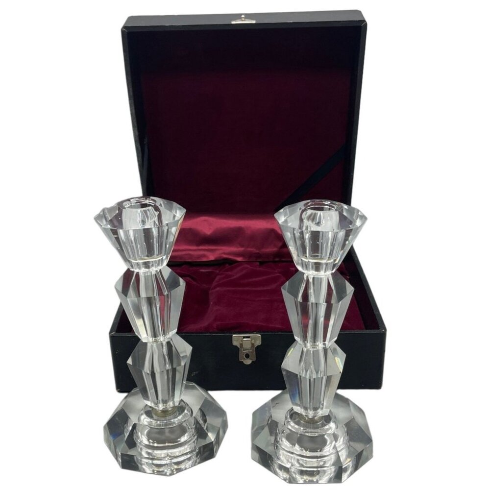 imported crystal hand cut set of 2 candle stick holder with black case 8x4" READ